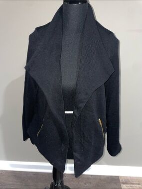 Premise Black Open-Front Draped Cardigan with Gold Zips